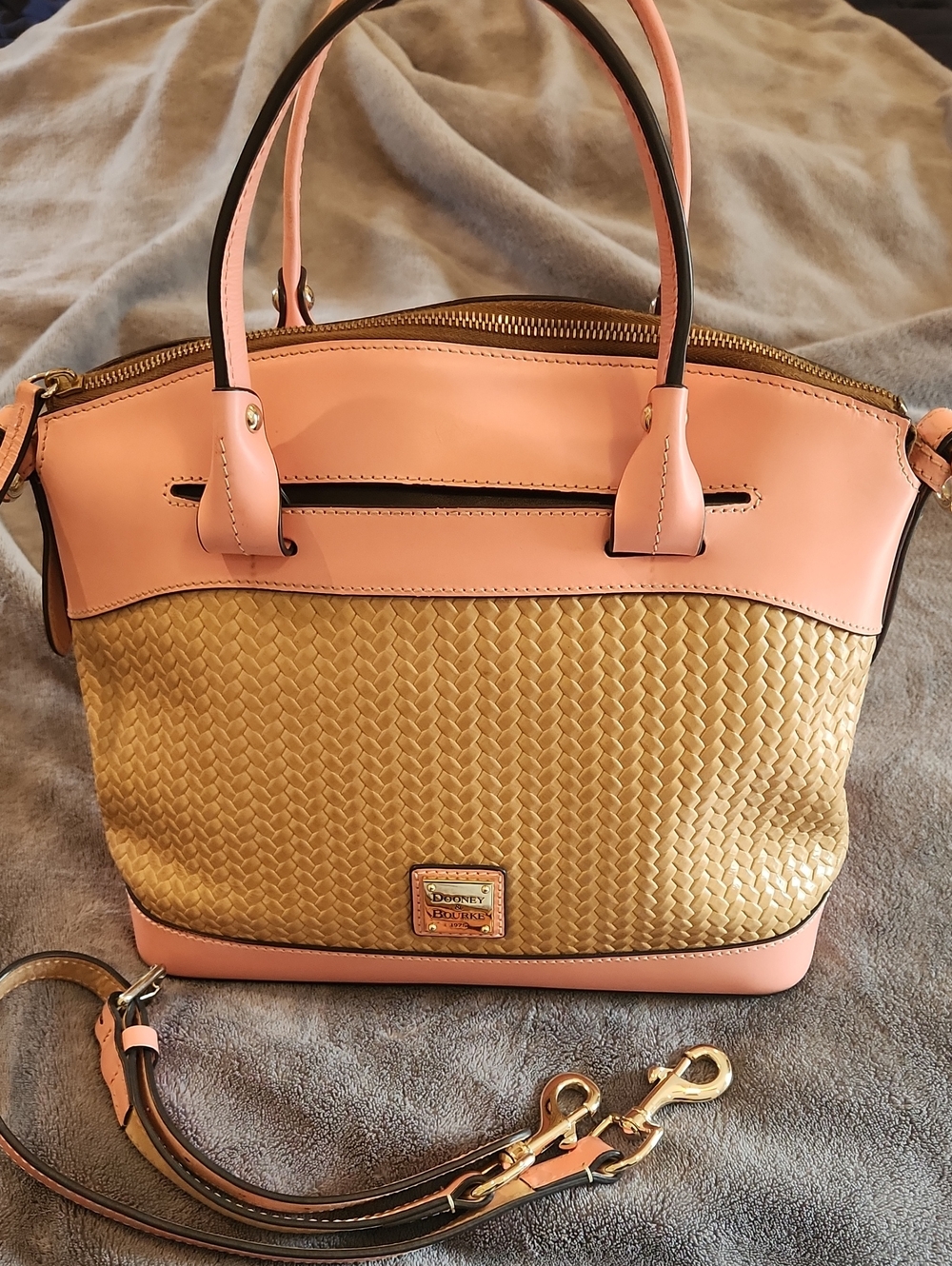 Dooney & Bourke Pink and Tan Woven Satchel With Crossbody